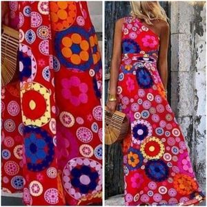 Psychedelic Floral RETRO One Shoulder Vibrant Maxi Dress